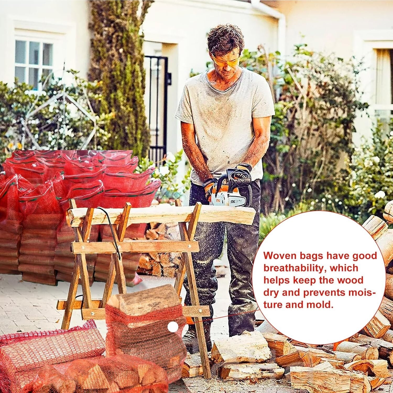 Bulk 300 Red Mesh Bags - Reusable Storage for Produce & Firewood - 31'' x 20''