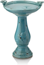 Load image into Gallery viewer, Antique Turquoise Ceramic Birdbath with Pedestal &amp; 2 Bird Figurines - 25" Tall