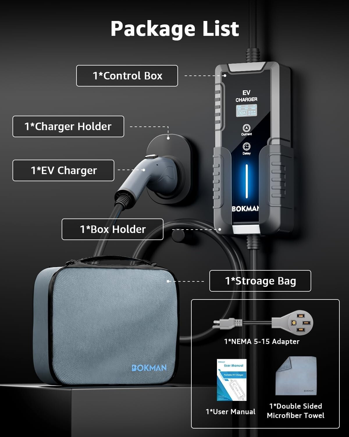 32A Level 2 Electric Vehicle Charger with Adjustable Current & Safety Features
