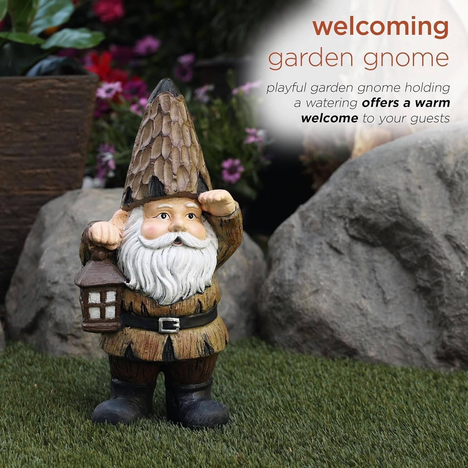 Durable Indoor/Outdoor Gnome with Lantern - 16" Brown Statue for Gardens