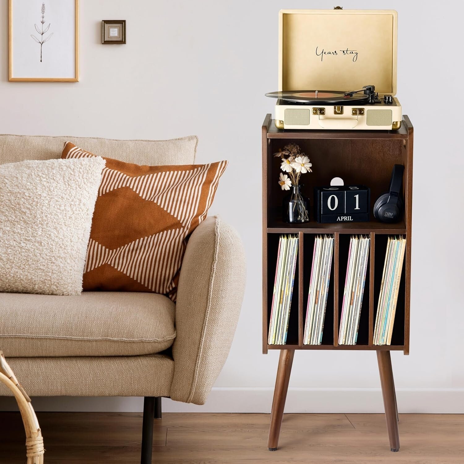 Mid-Century Modern 3-Tier Turntable Stand & Vinyl Storage for 160 Records