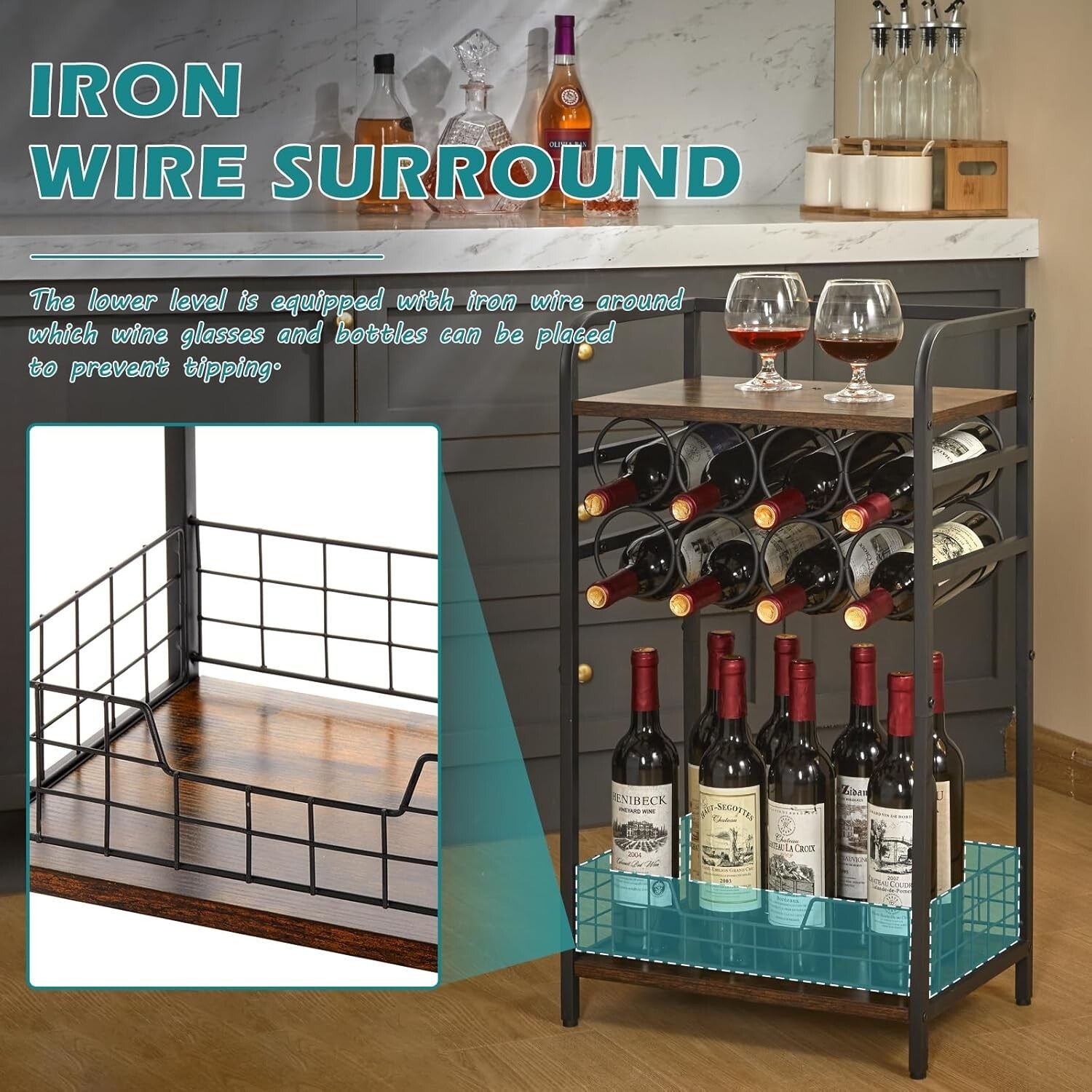3-Tier Industrial-Chic Wine Bar Table with 8-Bottle Rack - Space-Saving Elegance