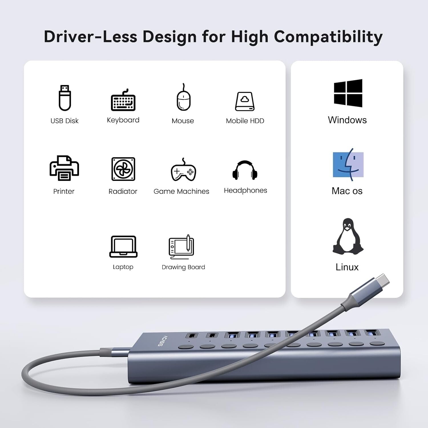 High-Speed USB 3.2 Hub: 10 Ports with Fast 10Gbps Data Transfer & Power Adapter