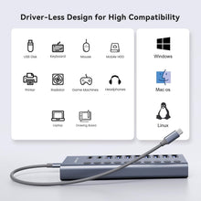 Load image into Gallery viewer, High-Speed USB 3.2 Hub: 10 Ports with Fast 10Gbps Data Transfer &amp; Power Adapter
