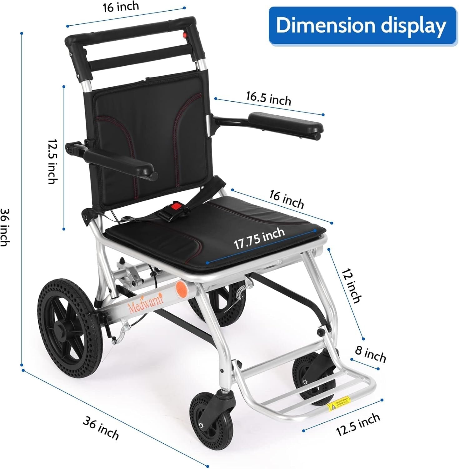 Folding Transport Wheelchair - 23lbs Aluminum Frame with Adjustable Armrests