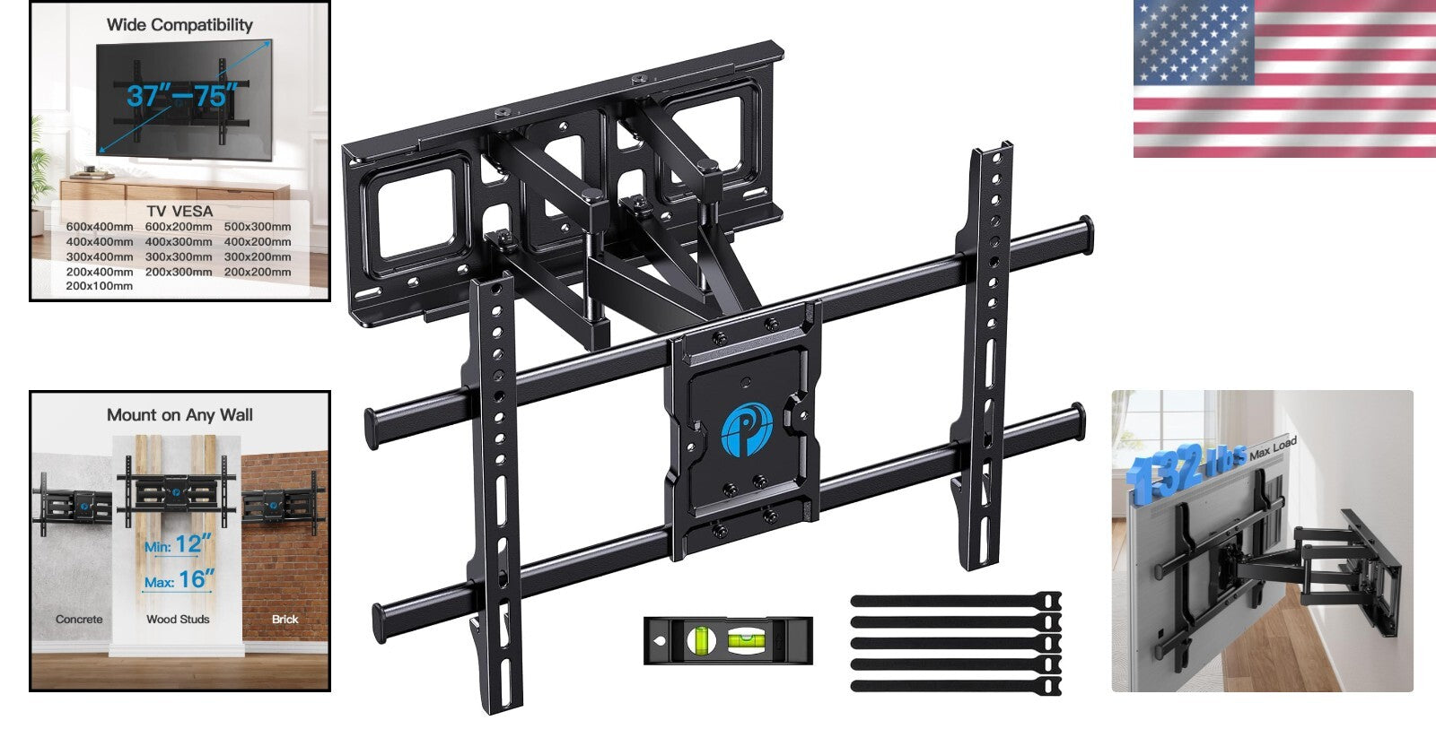 Durable TV Wall Mount for 37-75 Inch TVs - Max Load 132lbs with Level Adjustment