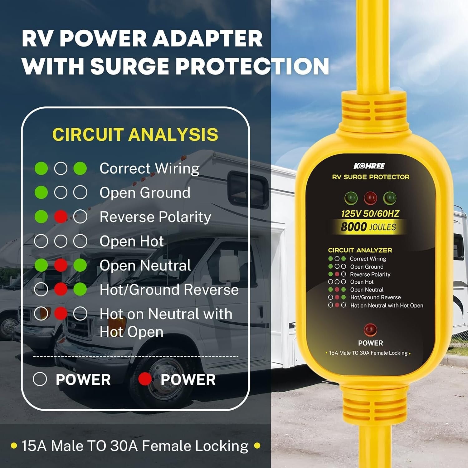 Surge Protected 30 Amp to 110V RV Power Adapter with Twist Lock & LED Indicators