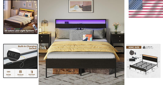 Easy Assembly King Bed Frame with LED Lighting & Powerful Support Up to 700lbs