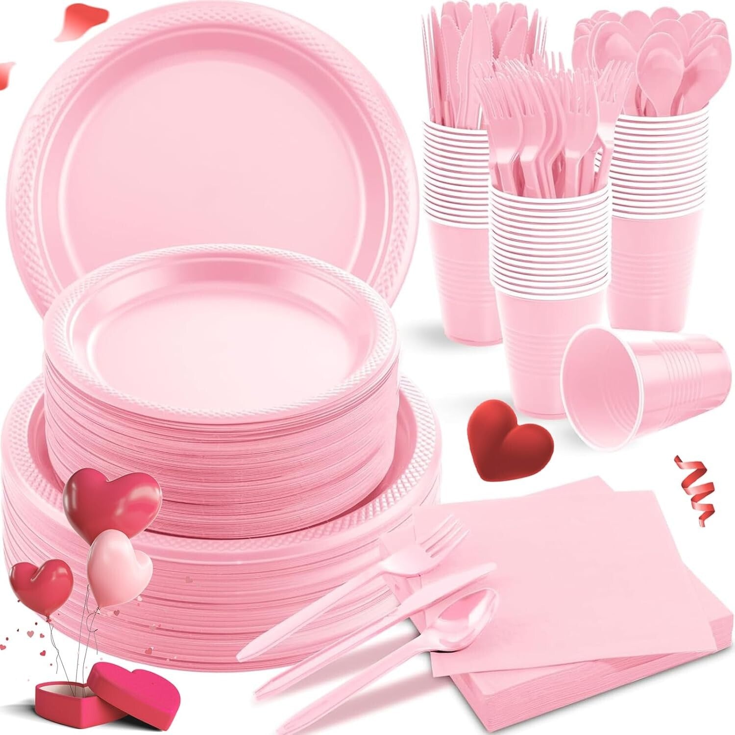 MirthMood 350-Piece Pink Party Set - Plates, Cups & Cutlery for 50 Guests