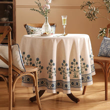 Load image into Gallery viewer, Farmhouse Vintage Linen Tablecloth for 67" Round Dining Tables - Floral Design