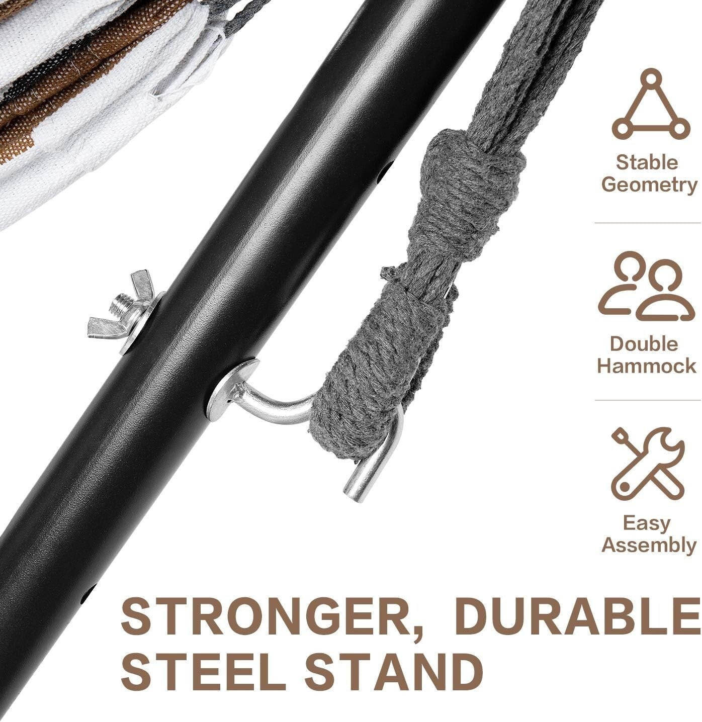 Easy-Setup Double Hammock with Stylish Steel Stand & Travel Bag - Coffee Color