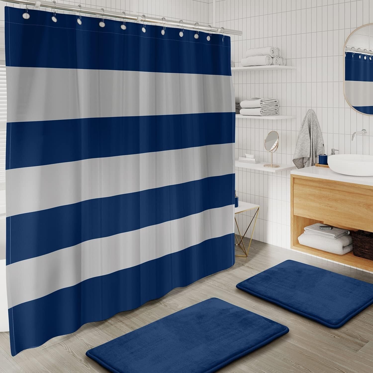 Elegant Navy Blue Bathroom Set with Rug, Shower Curtain & Accessory Essentials