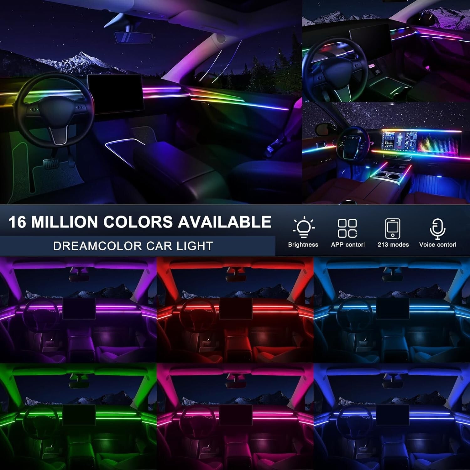 Customizable Car Interior LED Lighting Kit - Wireless APP with 16 Million Colors