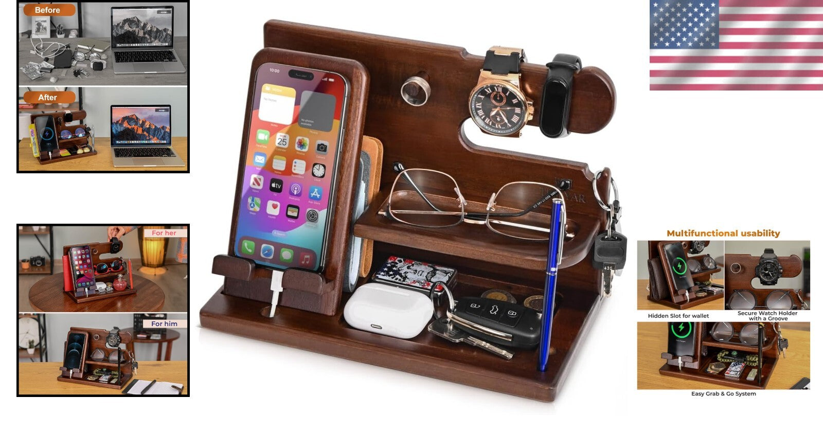 Elegant Wood Phone Docking Station & Organizer for Desk or Nightstand Gifts