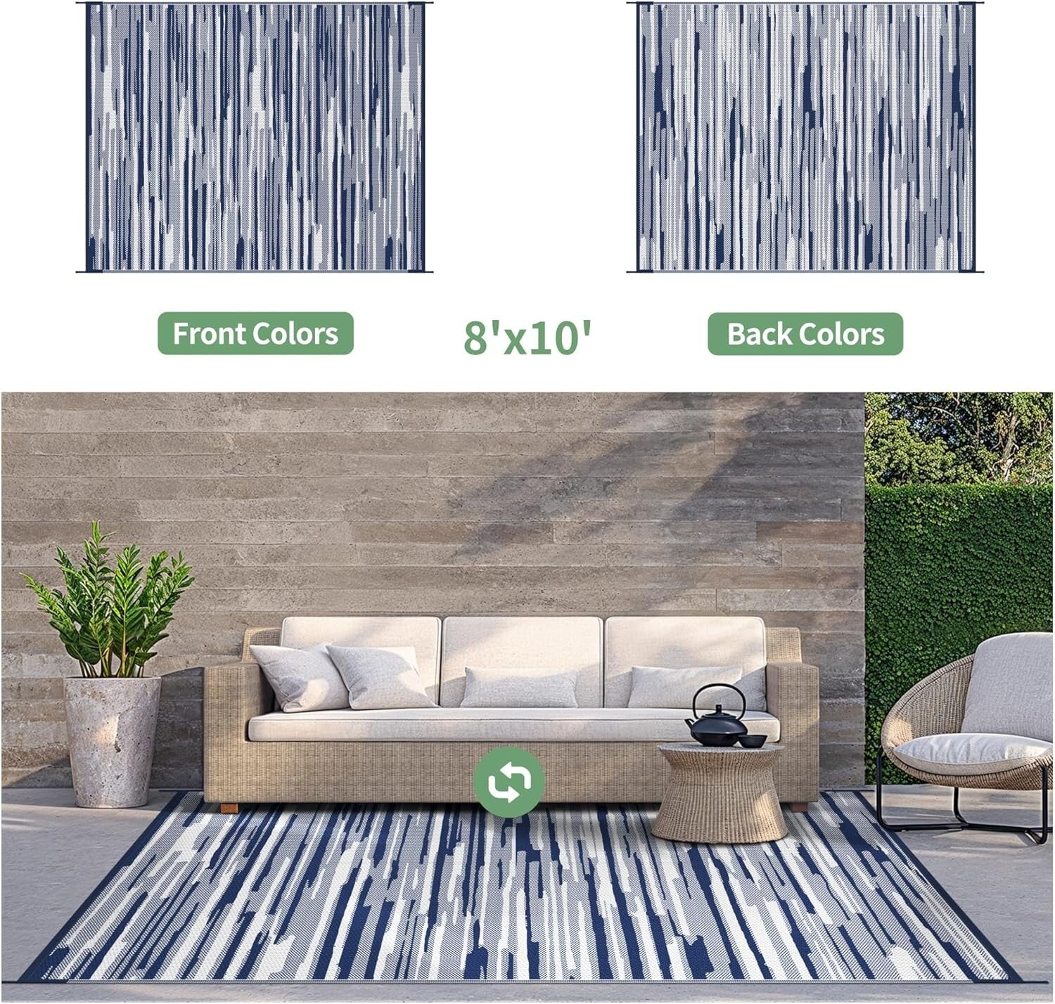 Eco-Friendly 8'x10' Waterproof Outdoor Rug – Reversible Blue & White Design