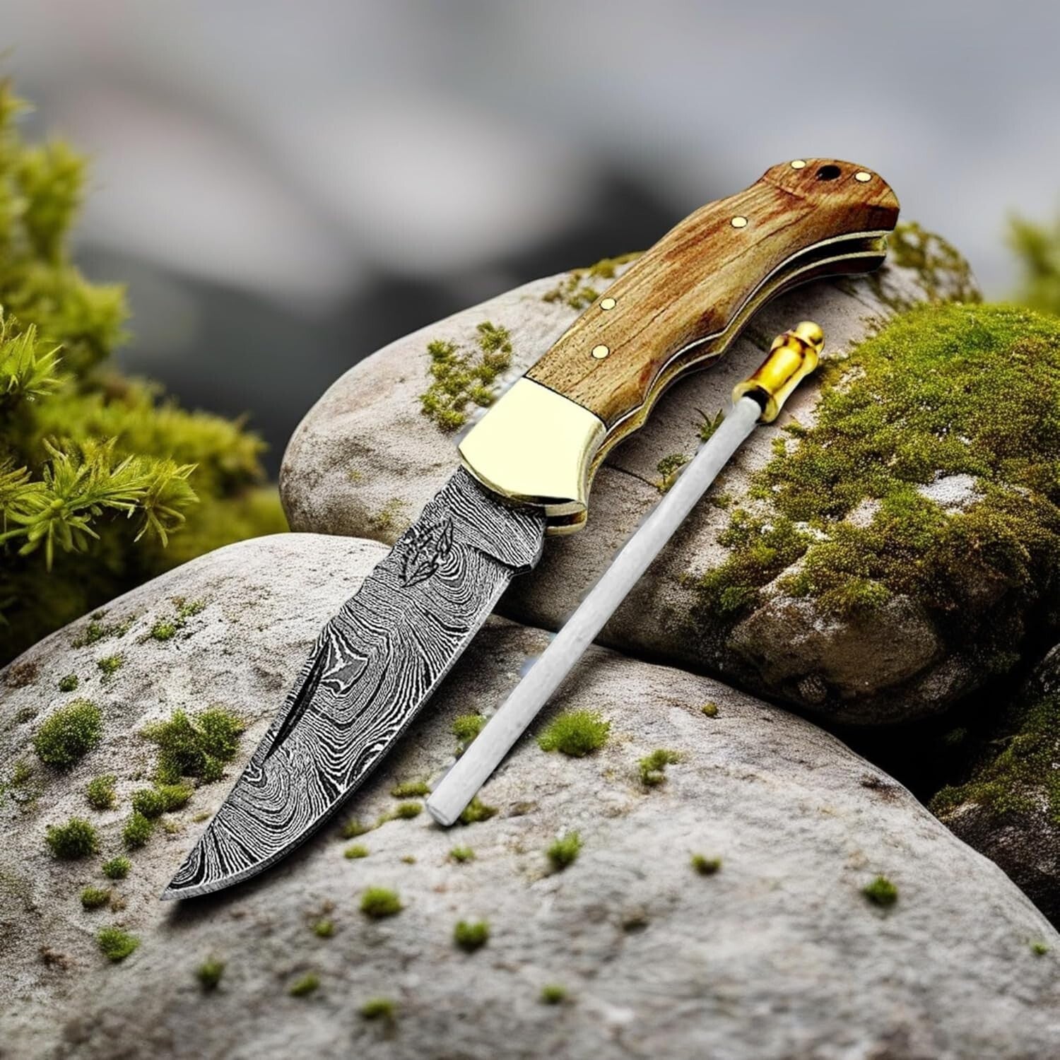Handcrafted Damascus Steel Folding Knife with Leather Sheath - A Collector's Gem