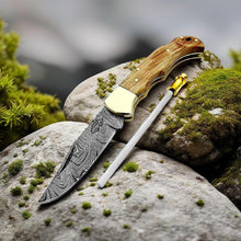 Load image into Gallery viewer, Handcrafted Damascus Steel Folding Knife with Leather Sheath - A Collector's Gem