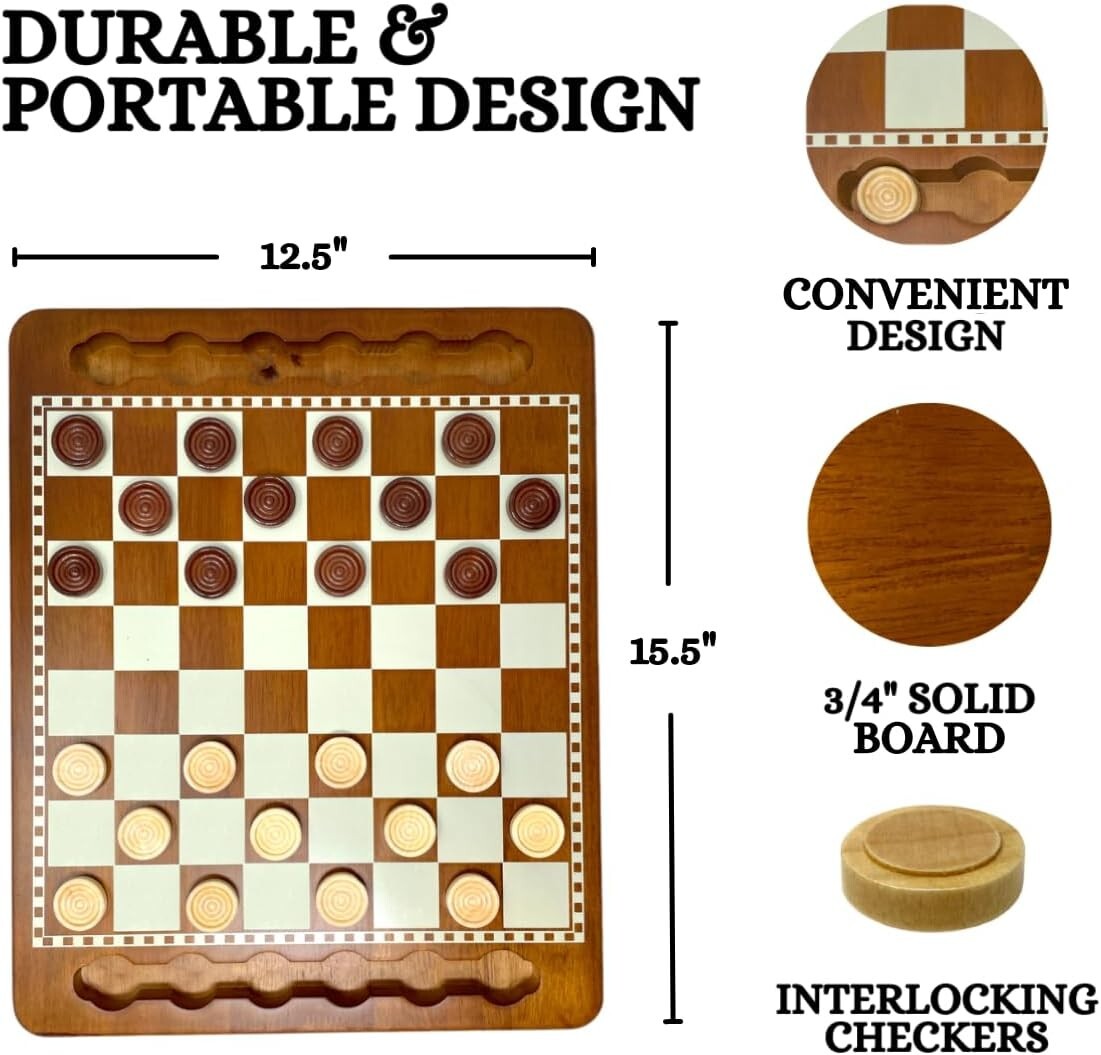 Classic Portable Checkers Set with 24 Wooden Pieces - Family-Friendly Gaming