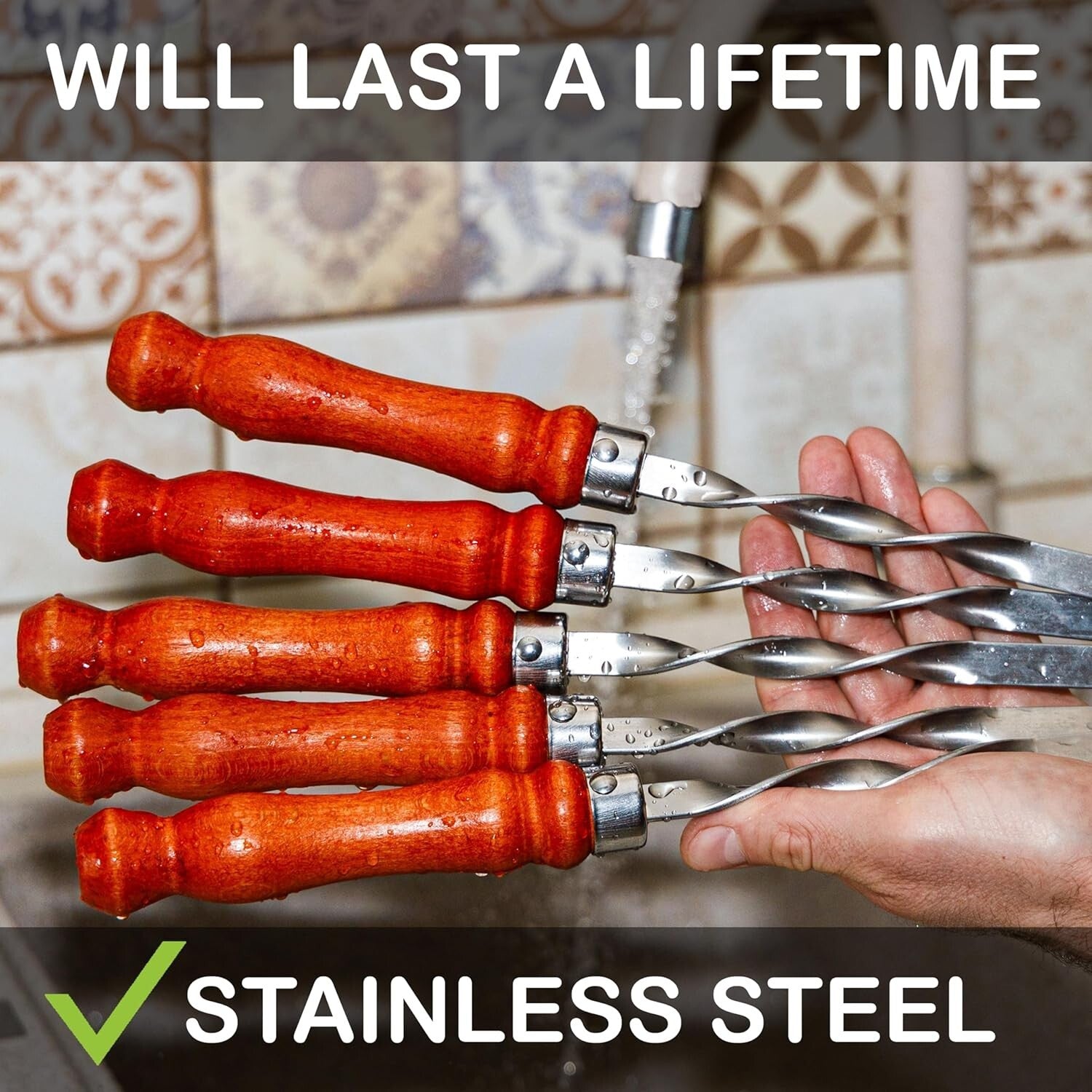 Extra Long 23.6-Inch Flat BBQ Skewers - Durable Stainless Steel & Wooden Handles