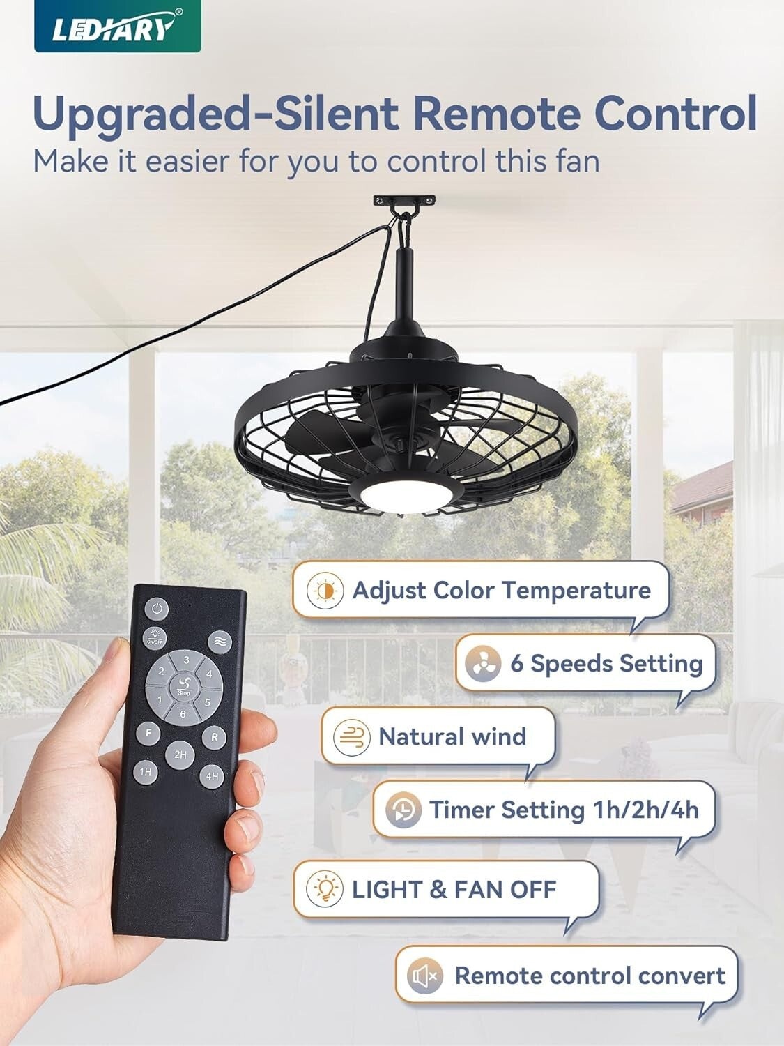 Versatile 20" Caged Ceiling Fan for Patios with Remote & Adjustable LED Light