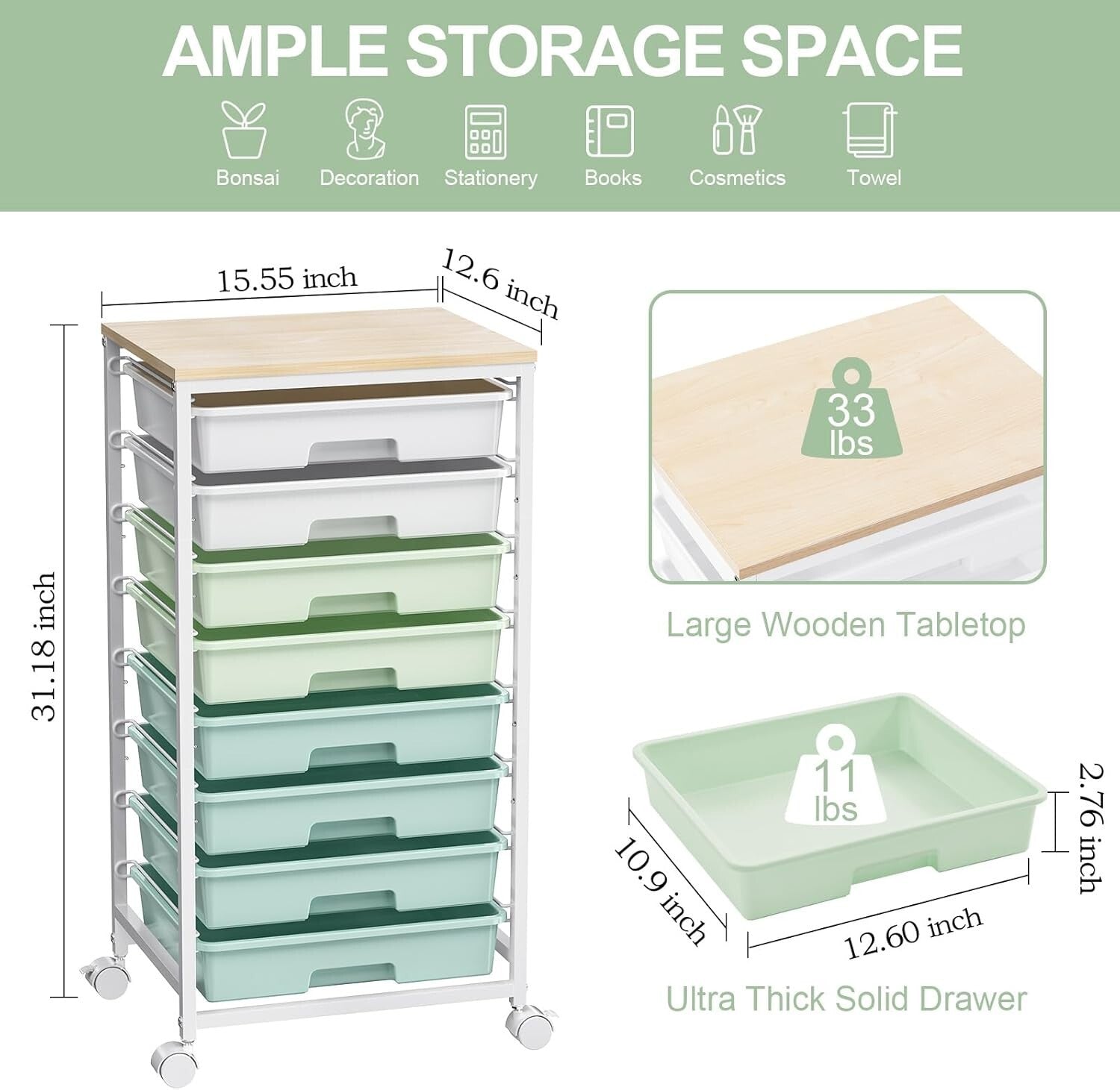 Compact 8-Drawer Organizer Cart with Wooden Top for Living Room & Office