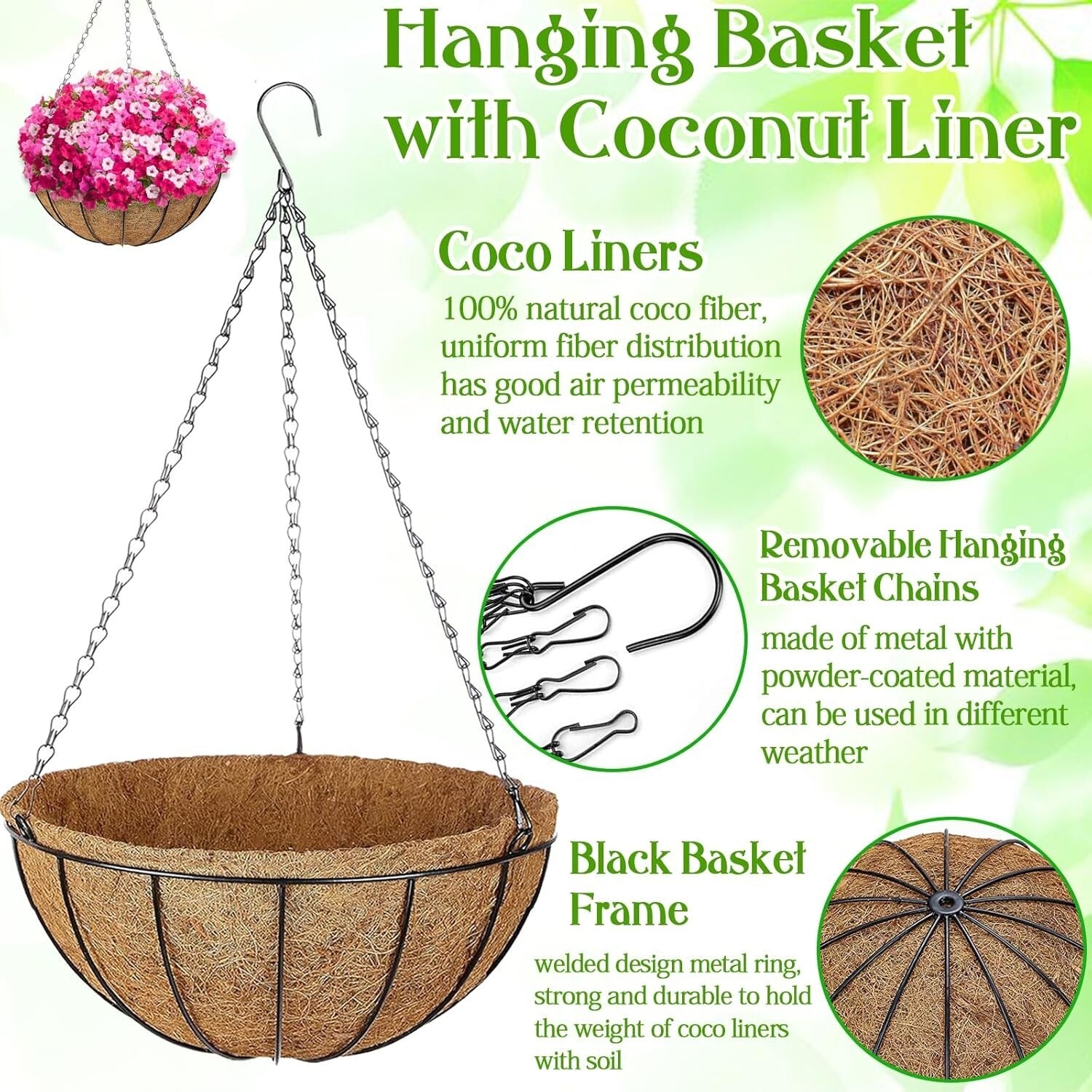 2 Pack 16 Inch Round Hanging Planter Baskets with Natural Coconut Liners