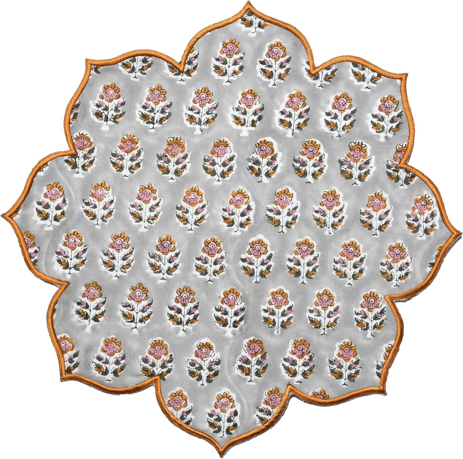 Set of 4 Cotton Block Printed Flower Placemats - Versatile Round Table Mats