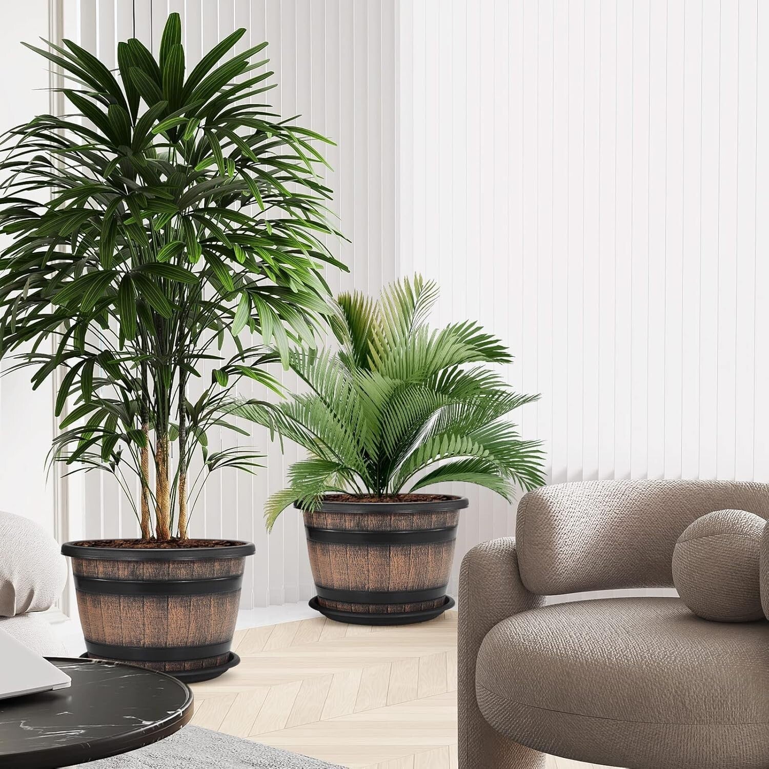 Elegant 14" Round Resin Flower Pots - 5-Gallon Whiskey Barrel Planter Design