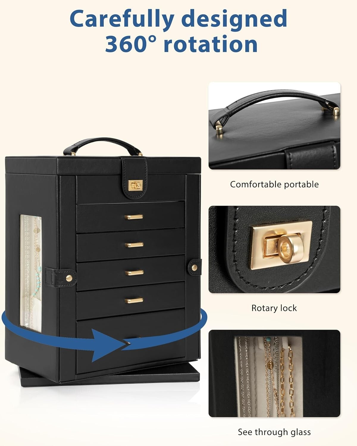 Elegant 360° Rotating Jewelry Box - 6-Tier Organizer with Large Mirror