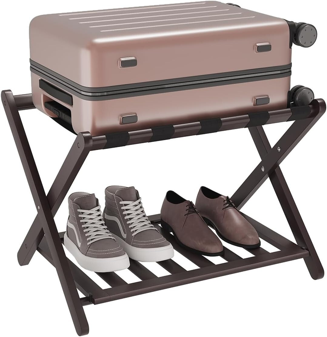 Fully Assembled Bamboo Luggage Rack with 5 Straps - Modern Guest Room Essentials