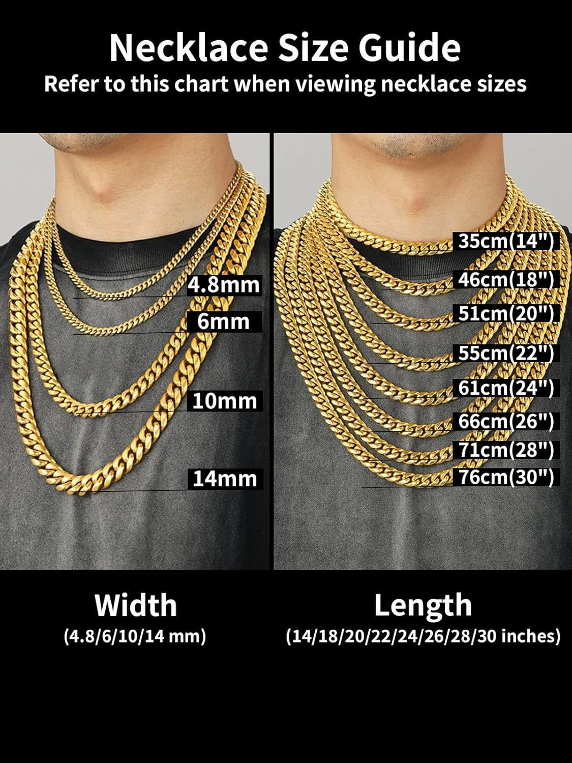 14K Gold Plated Cuban Link Necklace for Men - Adjustable Length, Multiple Widths