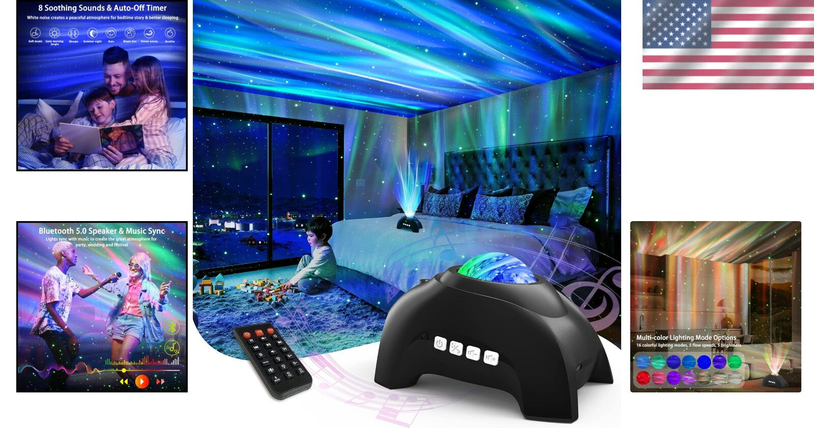 Black Aurora Projector & Music Speaker Combo for Kids & Adults – Tabletop Design