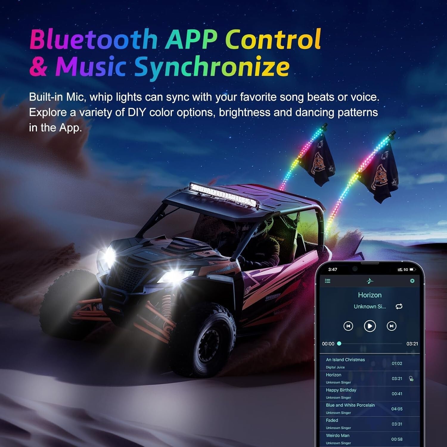 4FT Spiral RGB LED Whip Lights - App & Remote Control, Perfect for ATV/RZR