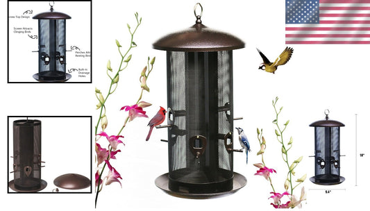Heavy-Duty Metal Hopper Bird Feeder with Dual Seed Compartments and 10 Ports