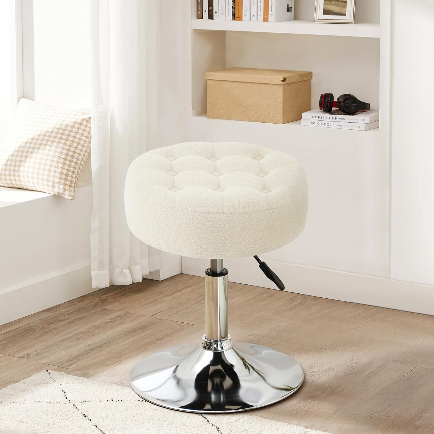Elegant Round Makeup Vanity Stool - Adjustable Ivory White Faux Fur Ottoman