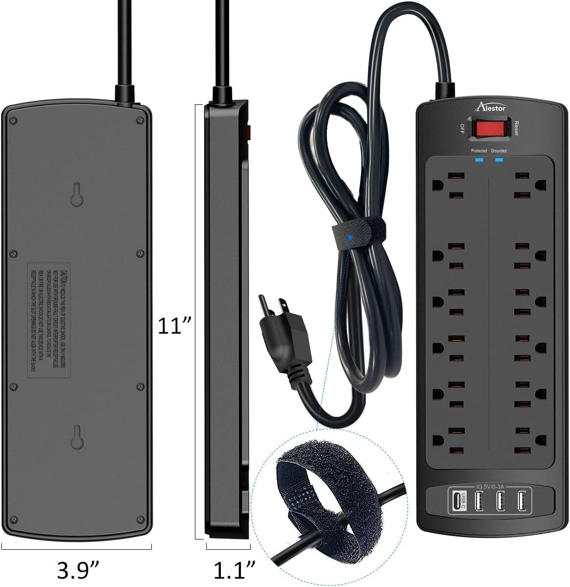 12-Outlet Surge Protector Power Strip with 4 USB Ports & Flame Retardant Housing