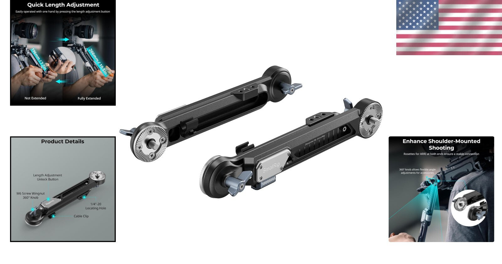 Lightweight Adjustable ARRI Extension Arm with Cable Clips for Rigs - 2 Pack
