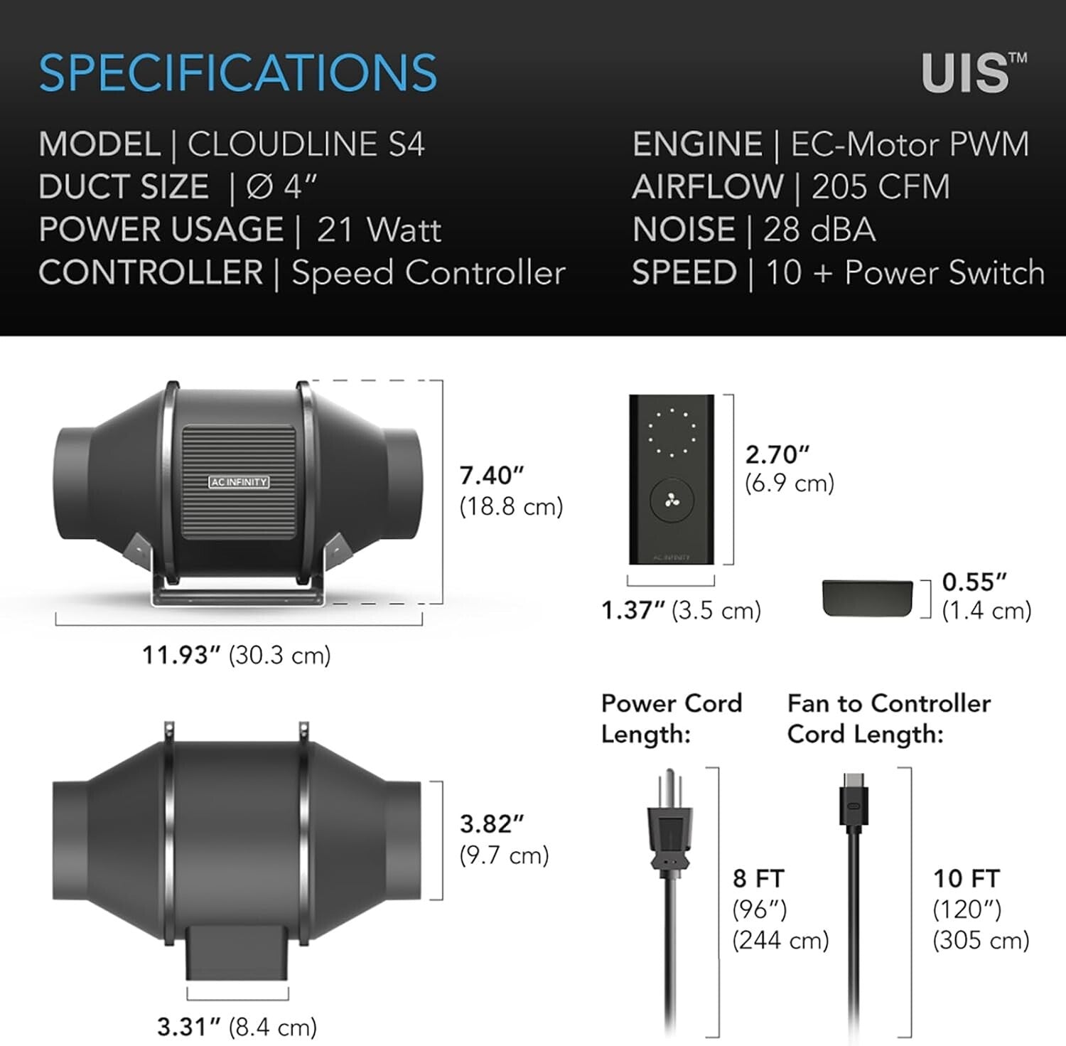 CLOUDLINE PRO S4 - Versatile 4'' Inline Fan for Hydroponics and Heating/Cooling