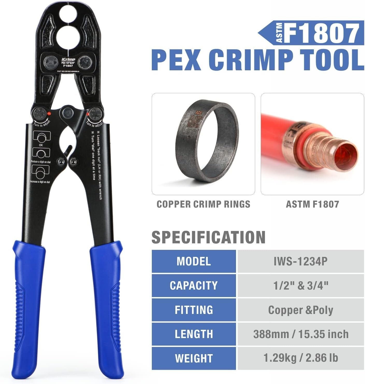 Ergonomic PEX Crimping Tool Kit for 3/8 to 1 in Copper Rings - ASTM Approved