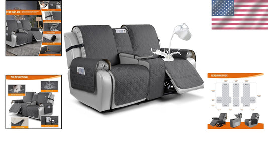 Charcoal Gray Waterproof Loveseat Recliner Cover with Console for Pet Protection
