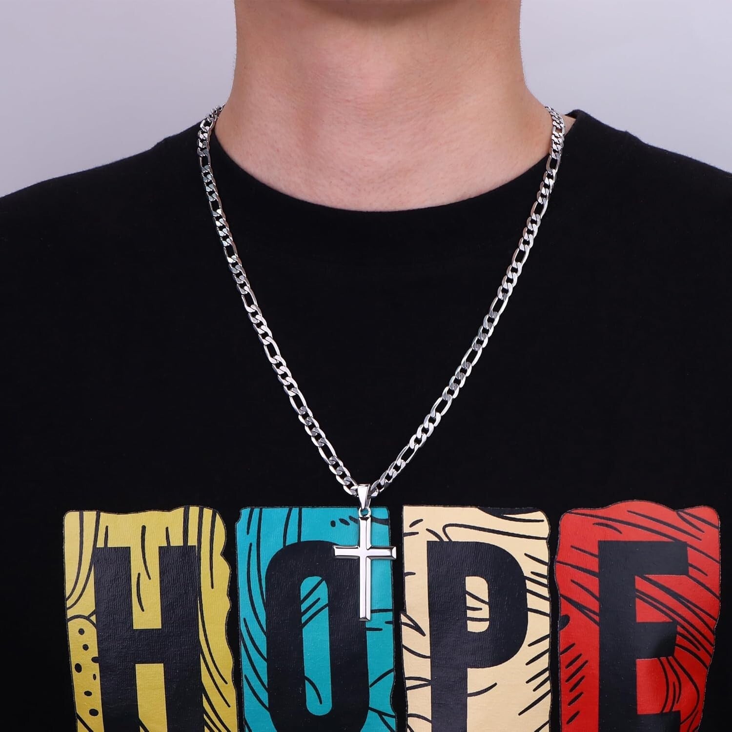 925 Sterling Silver Cross Necklace with Durable Figaro Chain - Gift Box Included