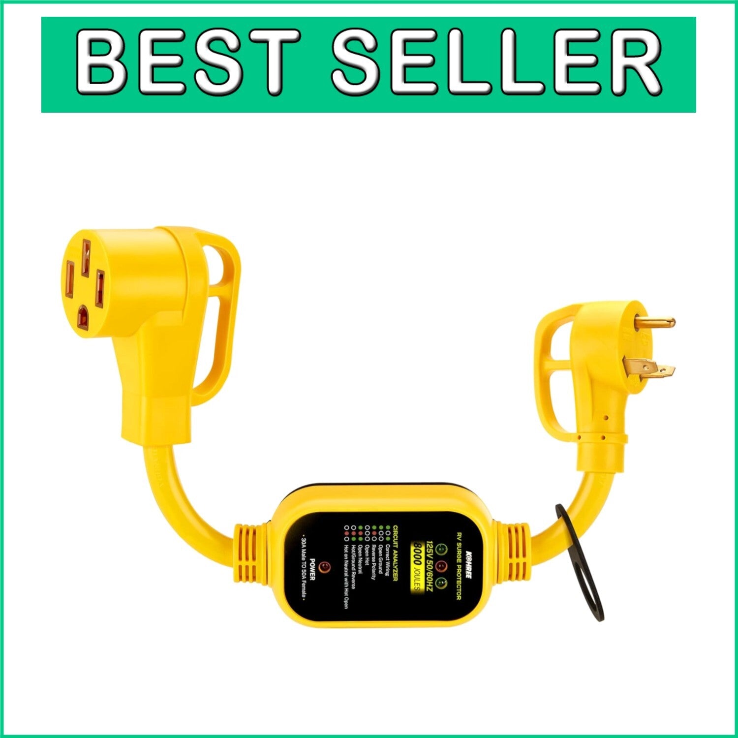 Ergonomic 30 Amp to 50 Amp RV Power Adapter with Surge Protection and Analyzer