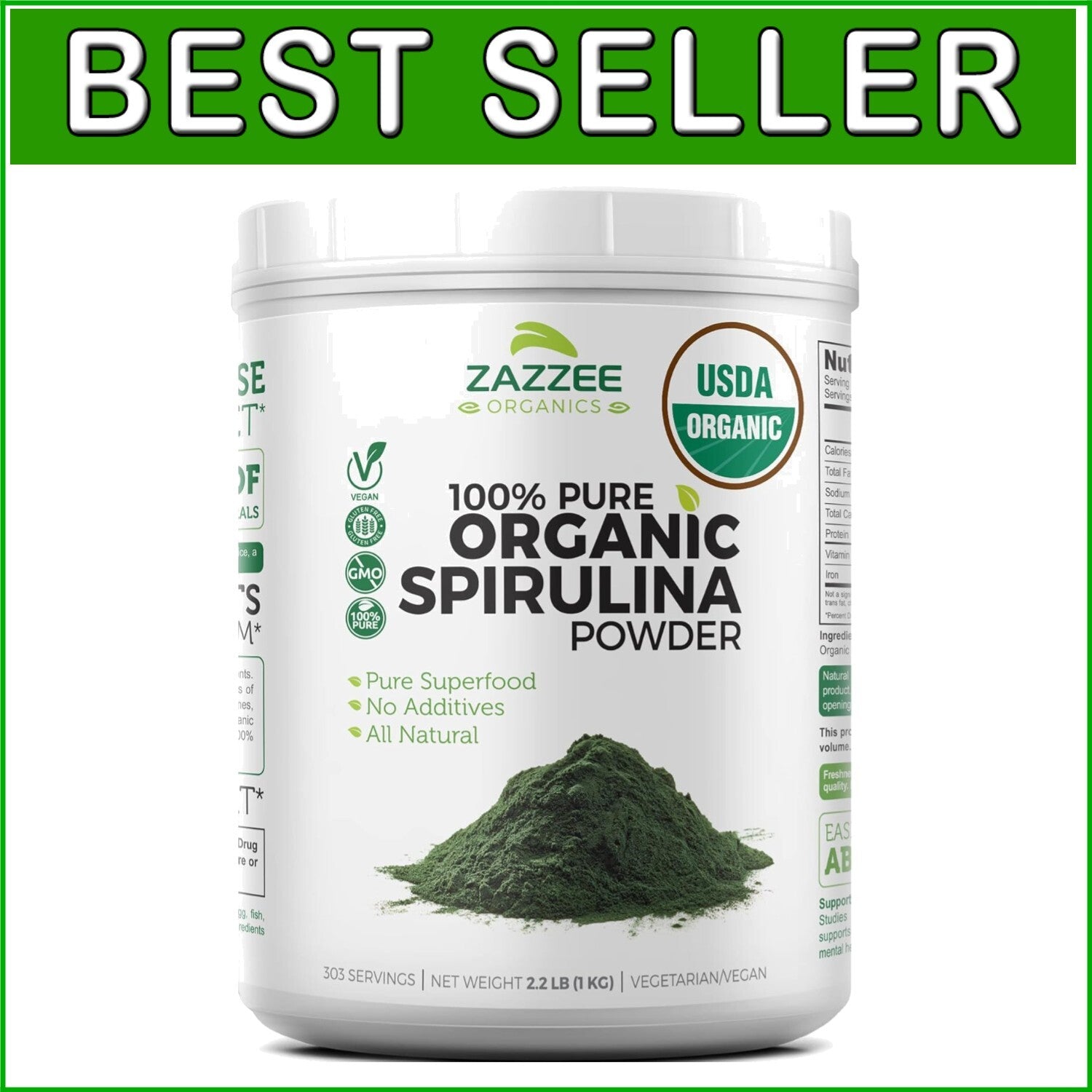 303 Servings of Organic Spirulina Powder 2.2 lbs - Fresh Taste in Convenient Jar