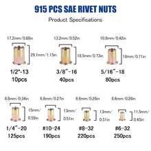 Load image into Gallery viewer, Premium 915pcs SAE Rivet Nuts Assortment - Zinc Plated, Perfect for DIY Projects