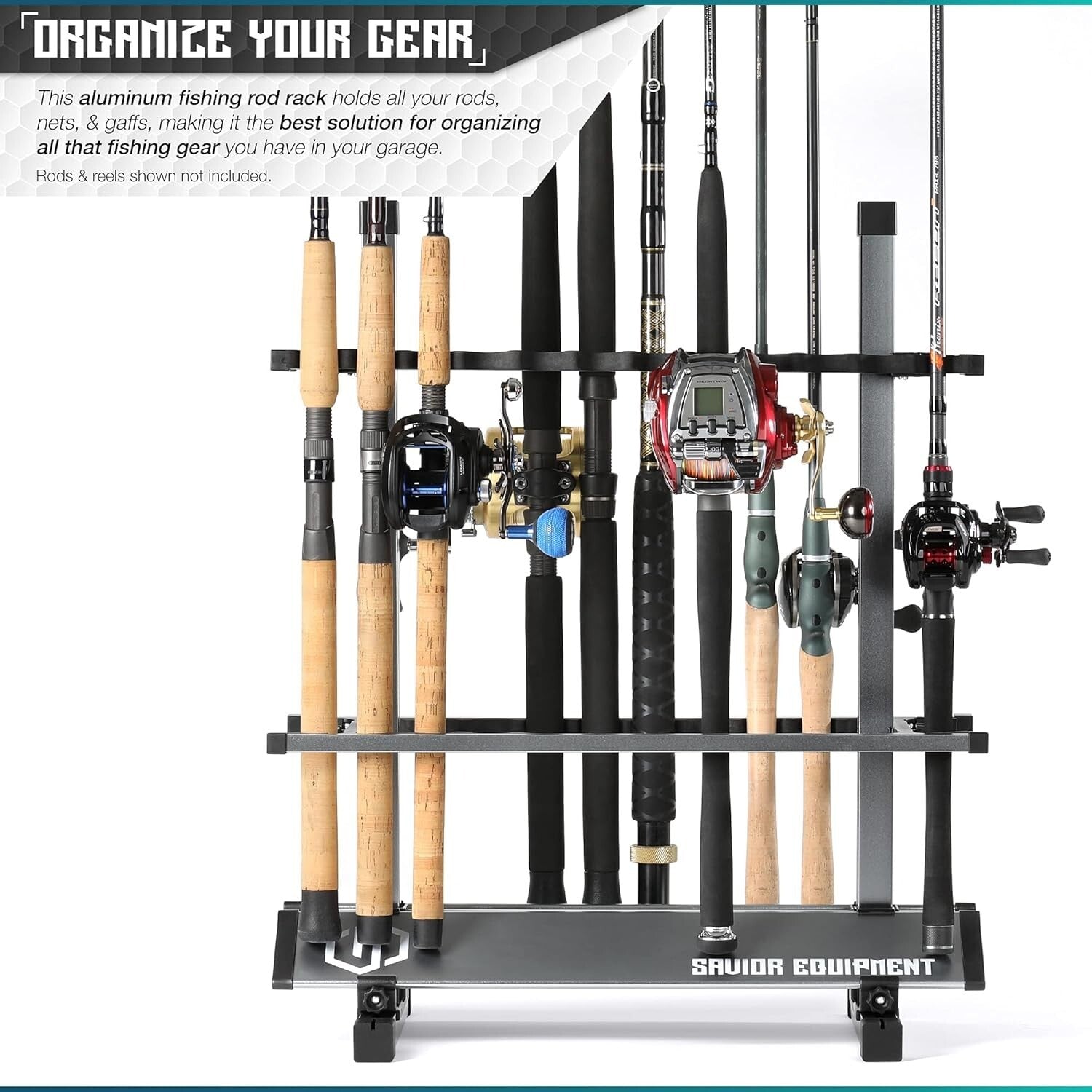 Lightweight Aluminum Fishing Rod Rack - 24 Slot Organizer for Garage Storage