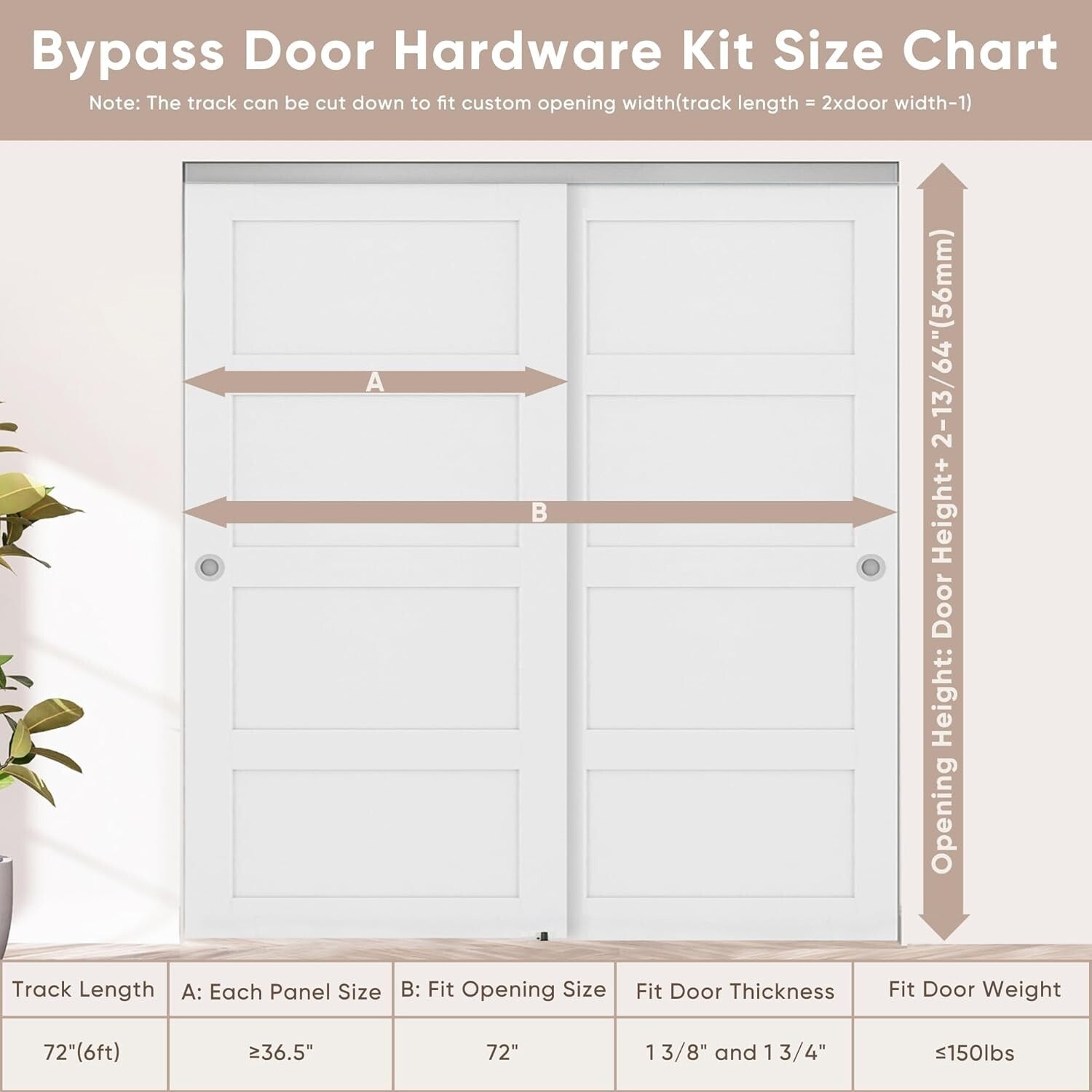 Bypass Door Hardware Set 72" for 2 Doors - Quietly Operating Aluminum Track