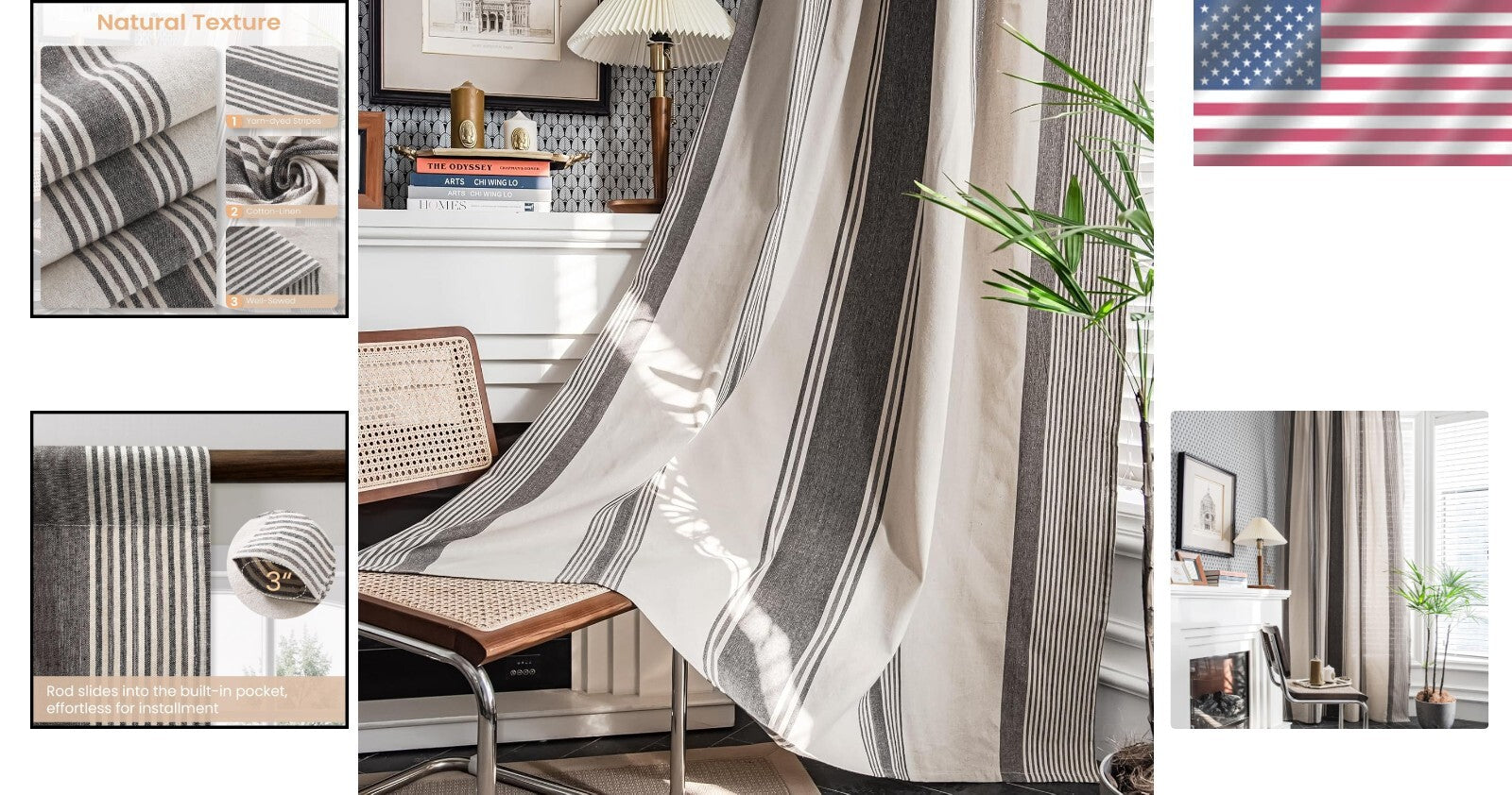 Semi Sheer Stripe Window Curtains for Living Room - Farmhouse Style 2 Panel Set