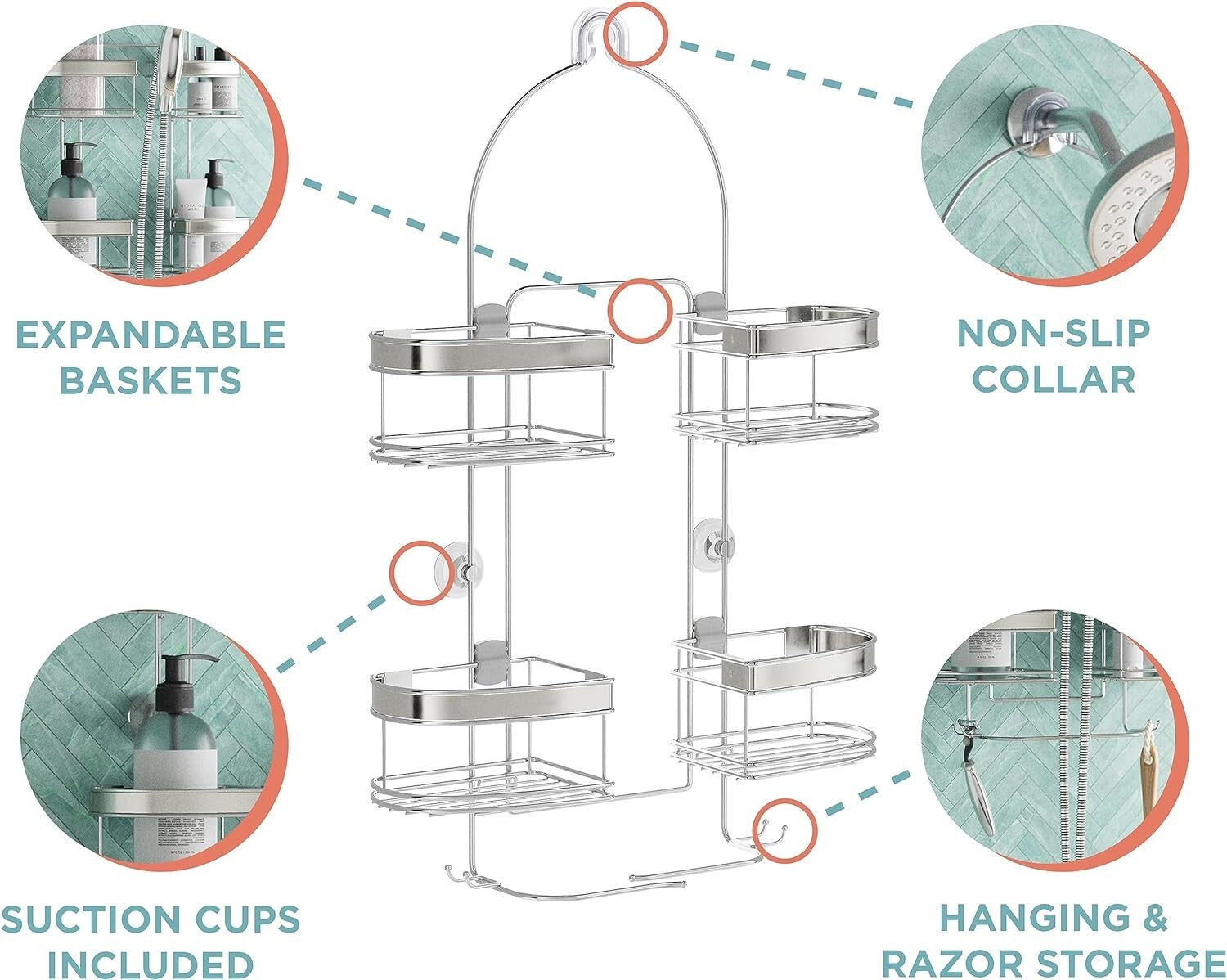 Adjustable Stainless Steel Shower Caddy with 4 Expandable Baskets for Storage