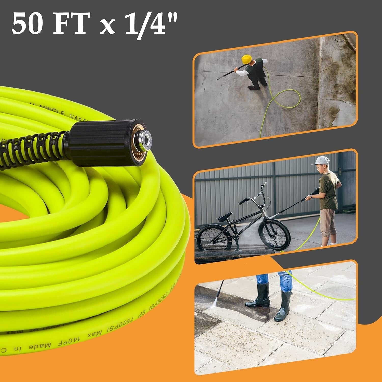 Durable 1/4" Pressure Washer Hose 50 FT - Stainless Steel M22 Adapters Included