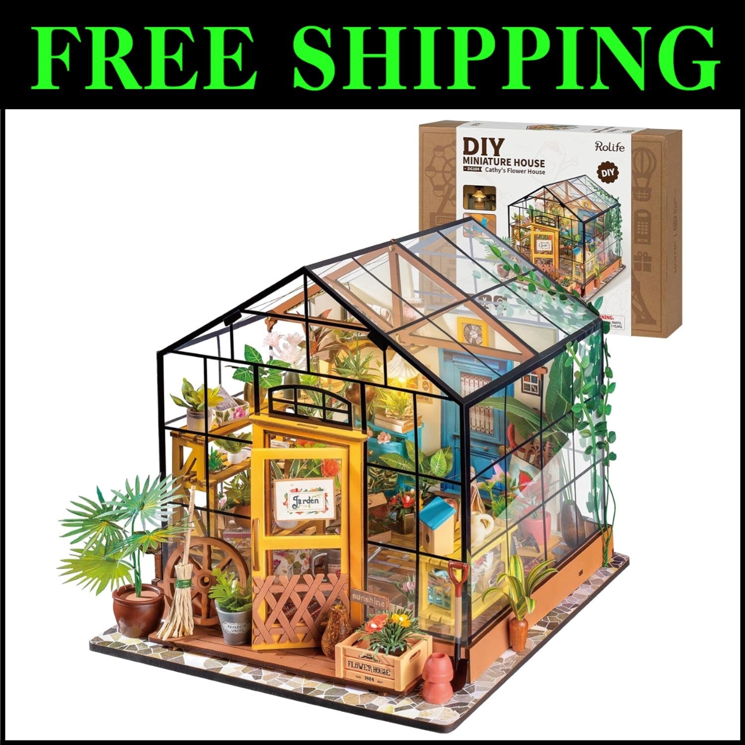 Charming Green Miniature Dollhouse Kit with Furniture & LED - 8.5x7x7.5 Inches